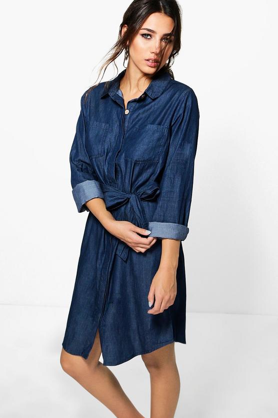 Ria Button Through Dark Indigo Denim Shirt Dress